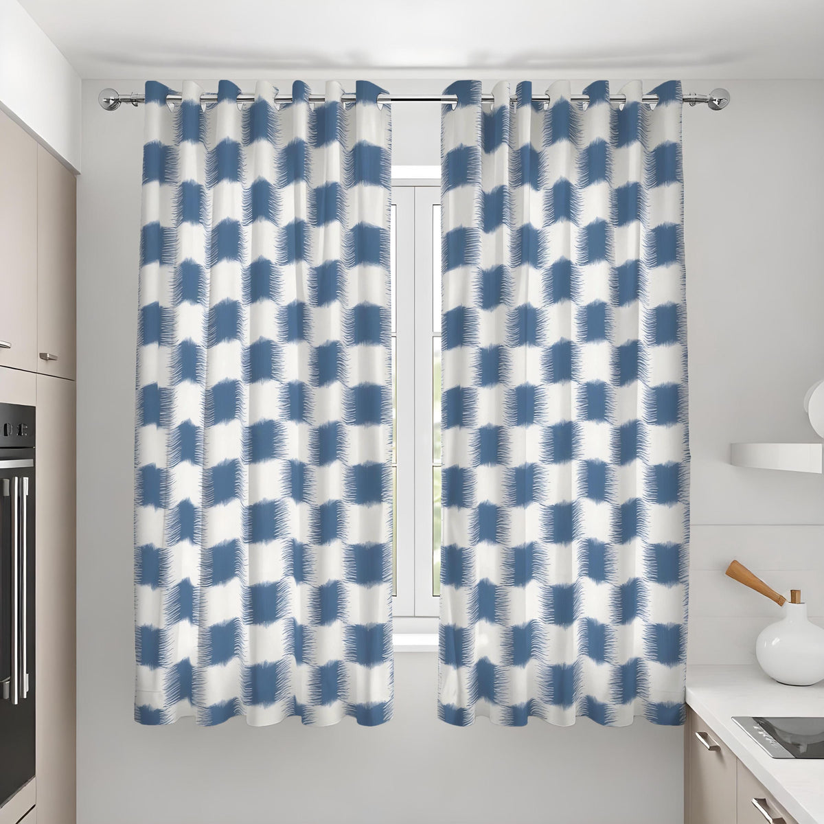 Blue Geometric Check Curtains, Modern Custom Window Drapes