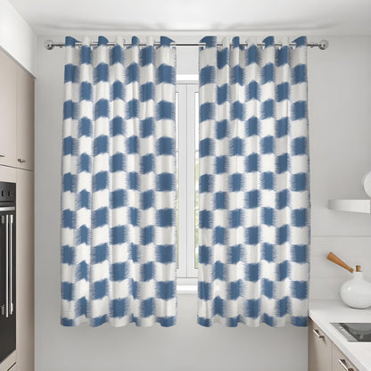 Blue Geometric Check Curtains, Modern Custom Window Drapes