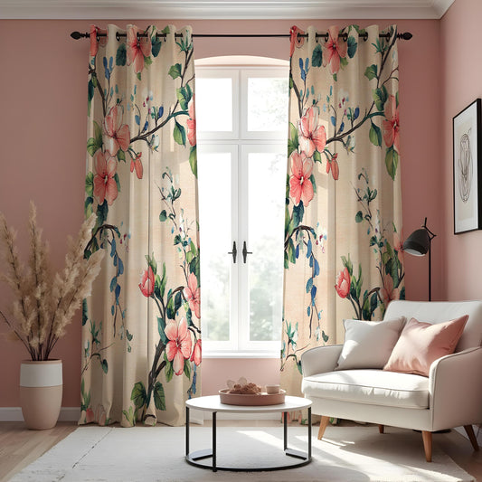 Beige Floral Curtains, Pink Blossom Botanical Drapes