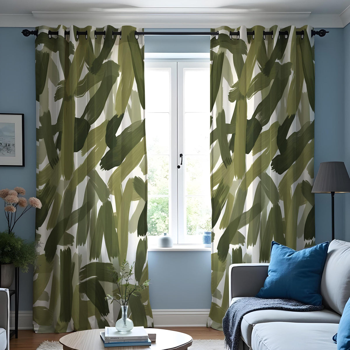 Green Abstract Brushstroke Curtains, Modern Artistic Drapes