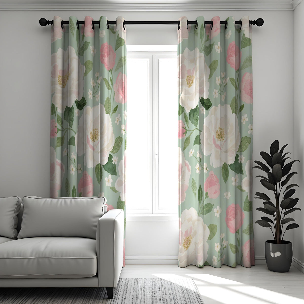 Pink & White Floral Curtains, Big Bloom Botanical Drapes