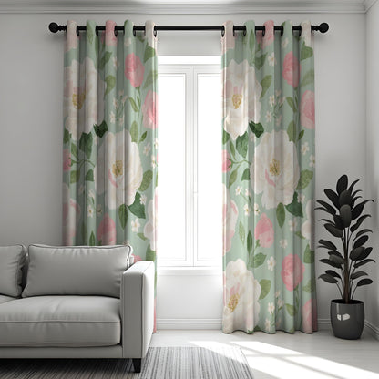 Pink & White Floral Curtains, Big Bloom Botanical Drapes
