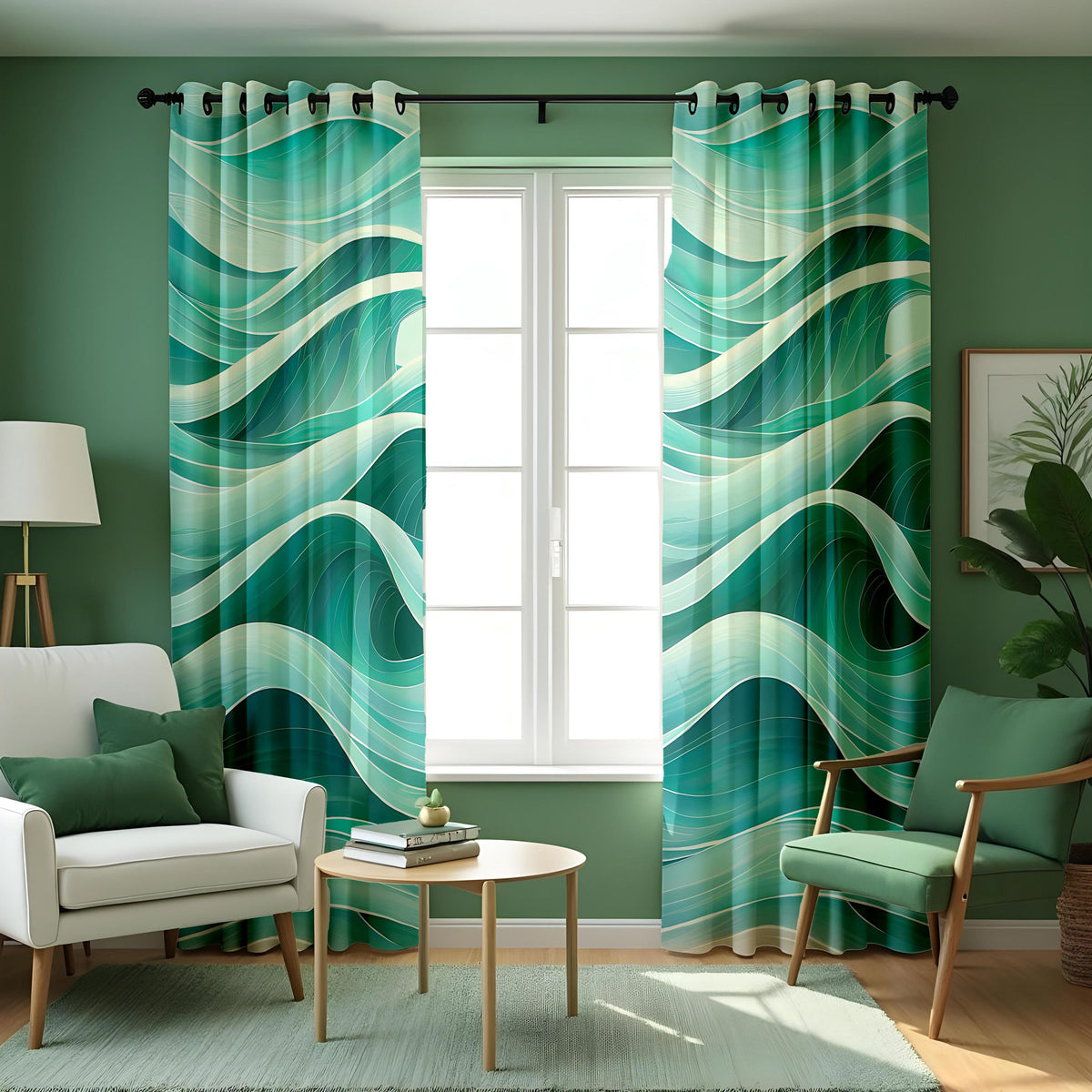 Teal Ocean Wave Curtains, Aqua Blue Coastal Abstract Drapes