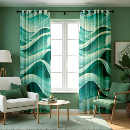 Teal Ocean Wave Curtains, Aqua Blue Coastal Abstract Drapes