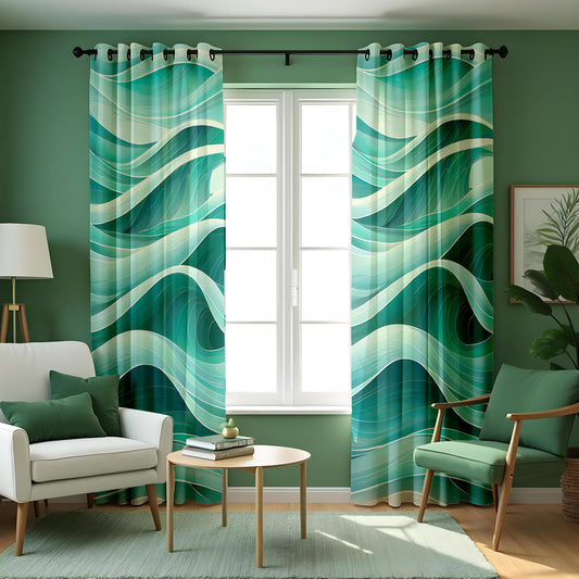 Teal Ocean Wave Curtains, Aqua Blue Coastal Abstract Drapes