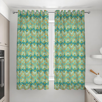 Teal & Orange Retro Leaf Curtains, Mid Century Drapes