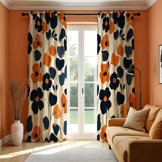 Orange & Navy Floral Curtains, Oversized Retro Flower Drapes