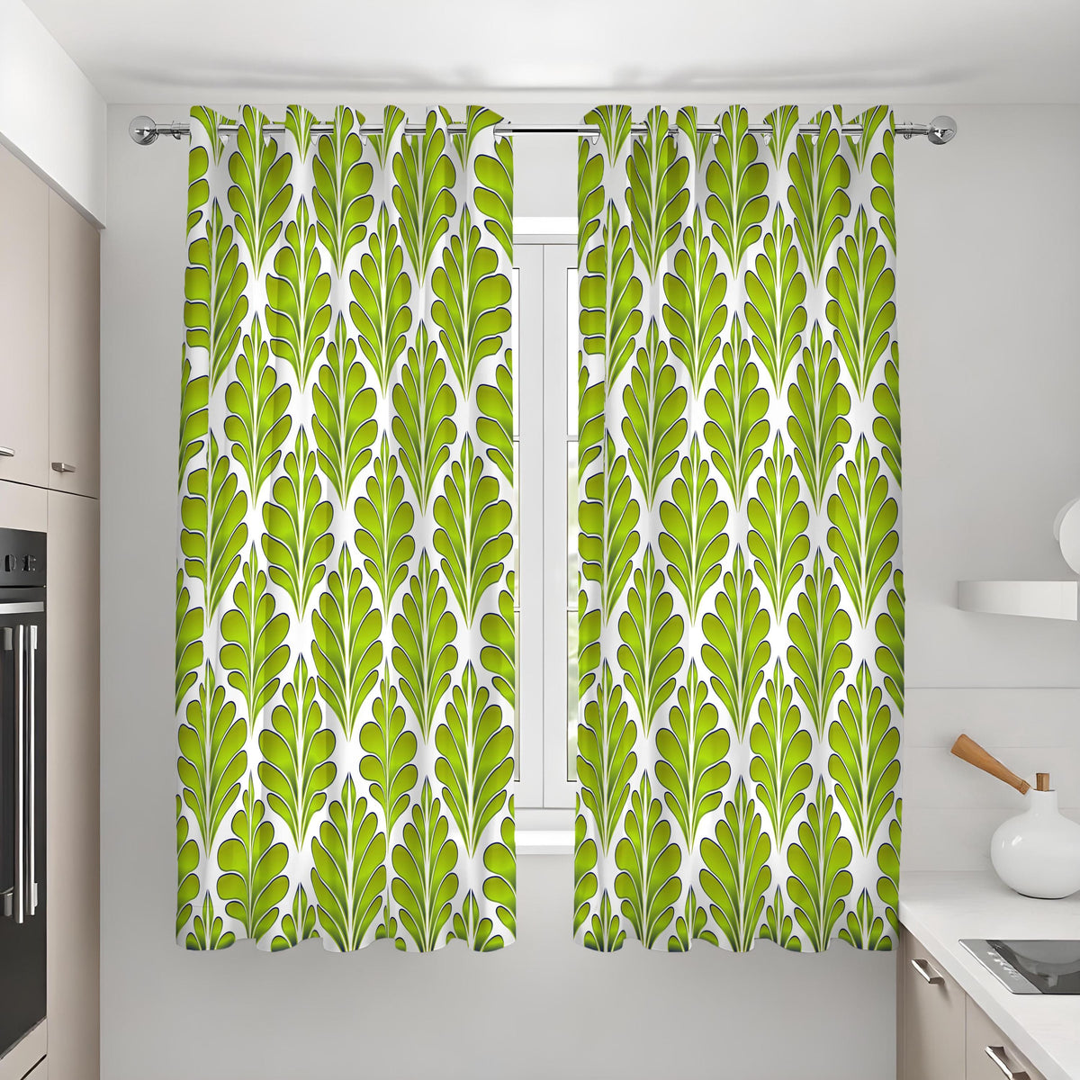 Green Retro Leaf Curtains, Modern Botanical Custom Drapes