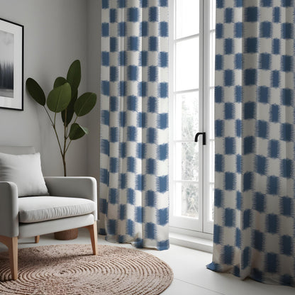 Blue Geometric Check Curtains, Modern Custom Window Drapes