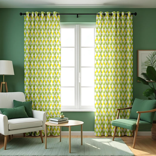 Green Abstract Geometric Curtains, Custom Eyelet Drapes