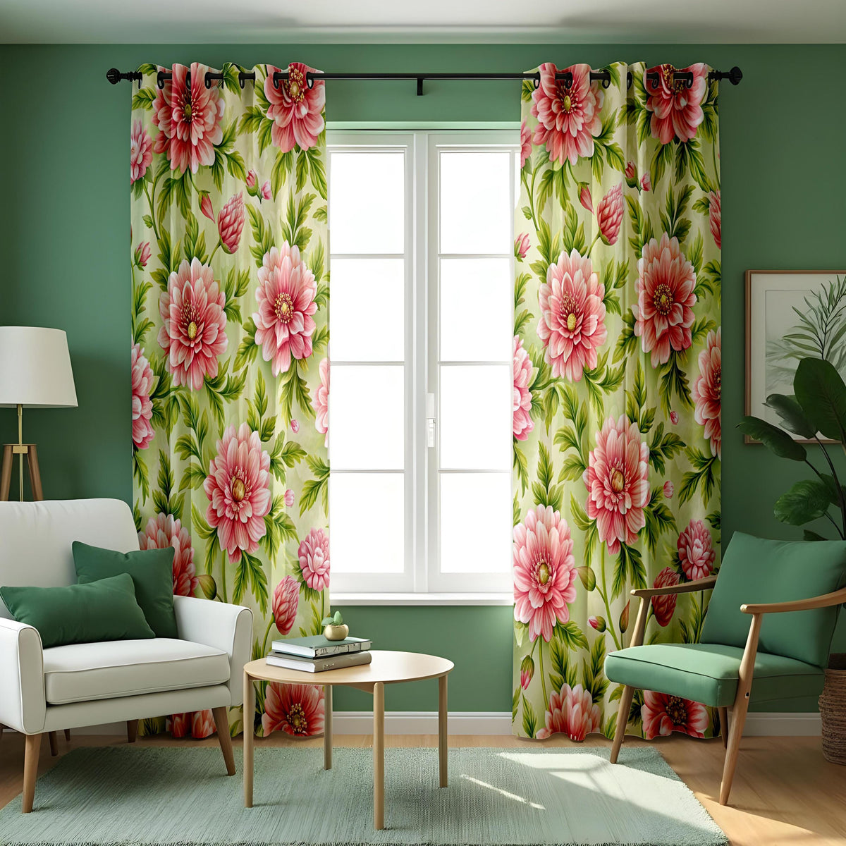 Pink Flower Curtains, Green Botanical Made to Measure Drapes