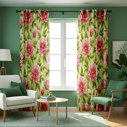 Pink Flower Curtains, Green Botanical Made to Measure Drapes