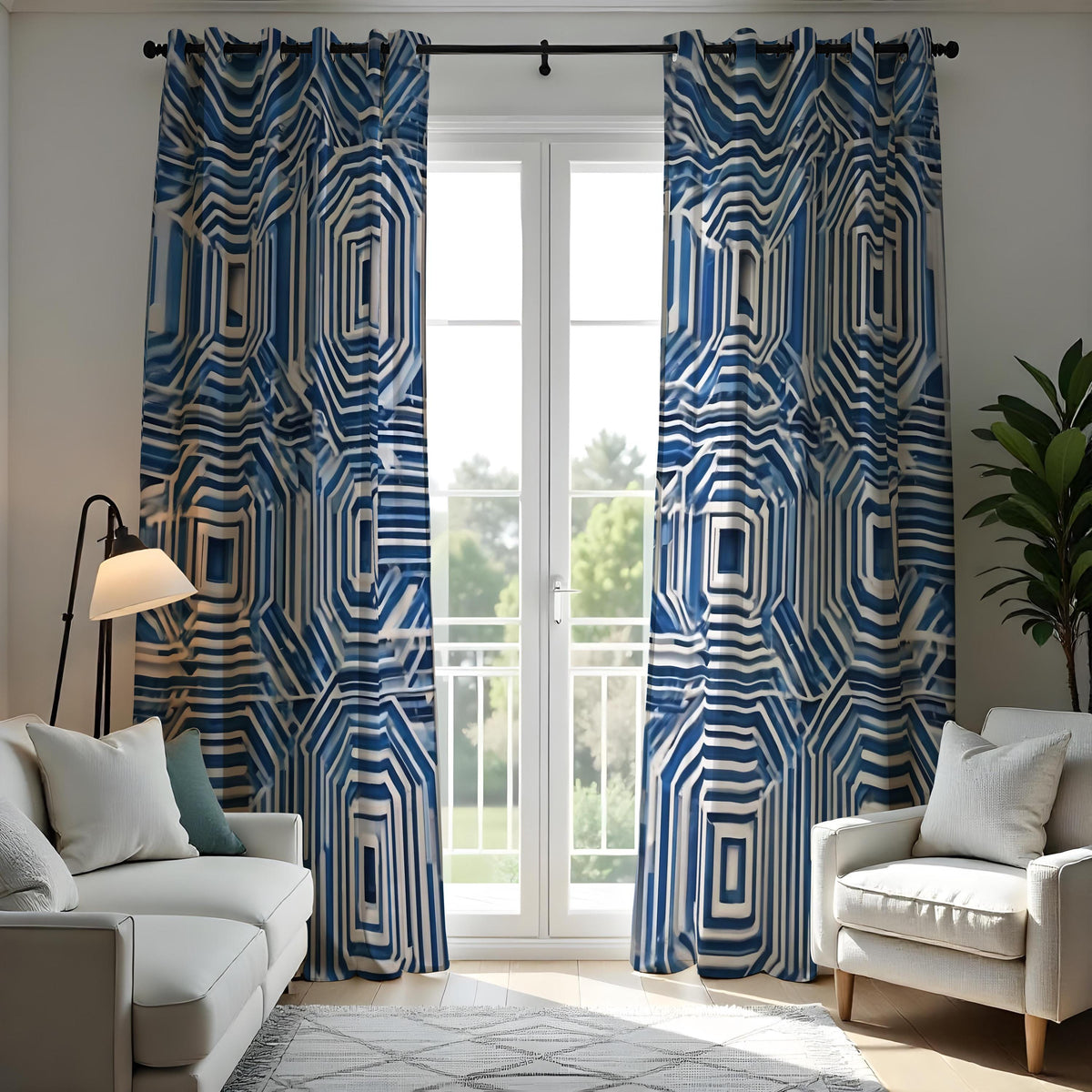 Blue Optical Illusion Curtains, 3D Maze Geometric Drapes