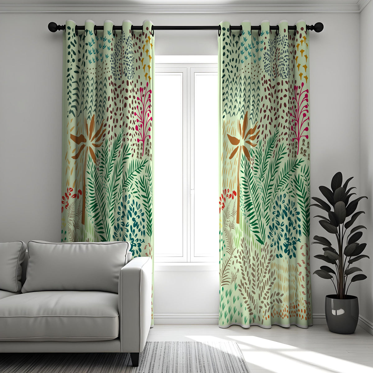 Green Tropical Palm Curtains, Botanical Leaf Print Drapes