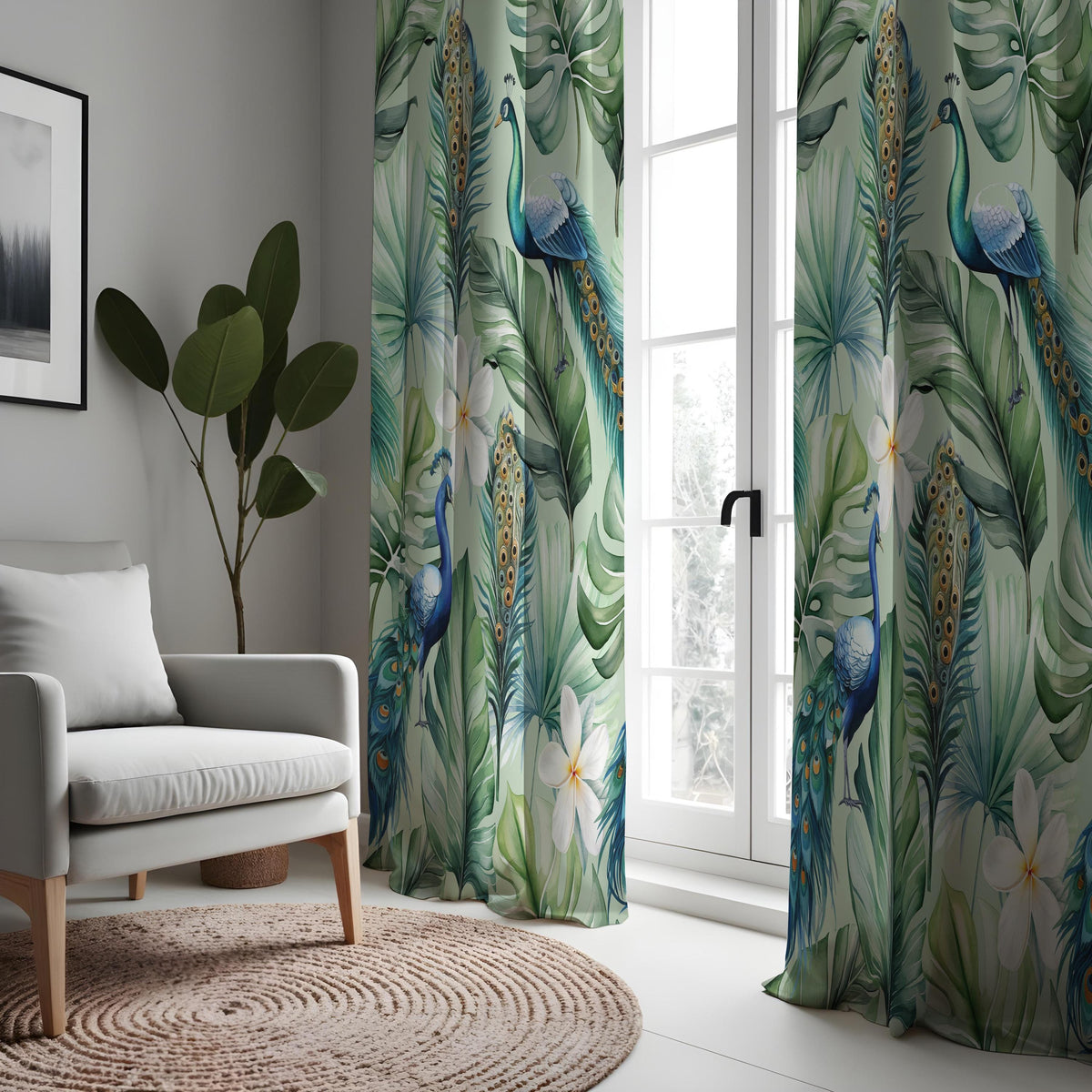 Tropical Peacock Curtains, Blue Bird & Jungle Leaf Drapes