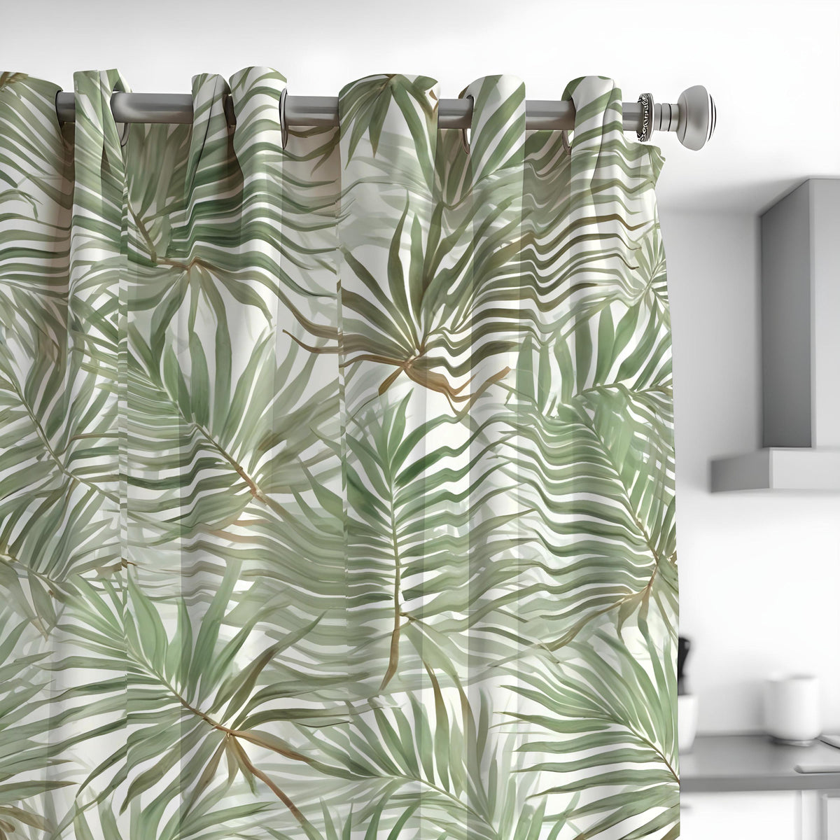 Green Palm Leaf Curtains, Tropical Botanical Window Drapes