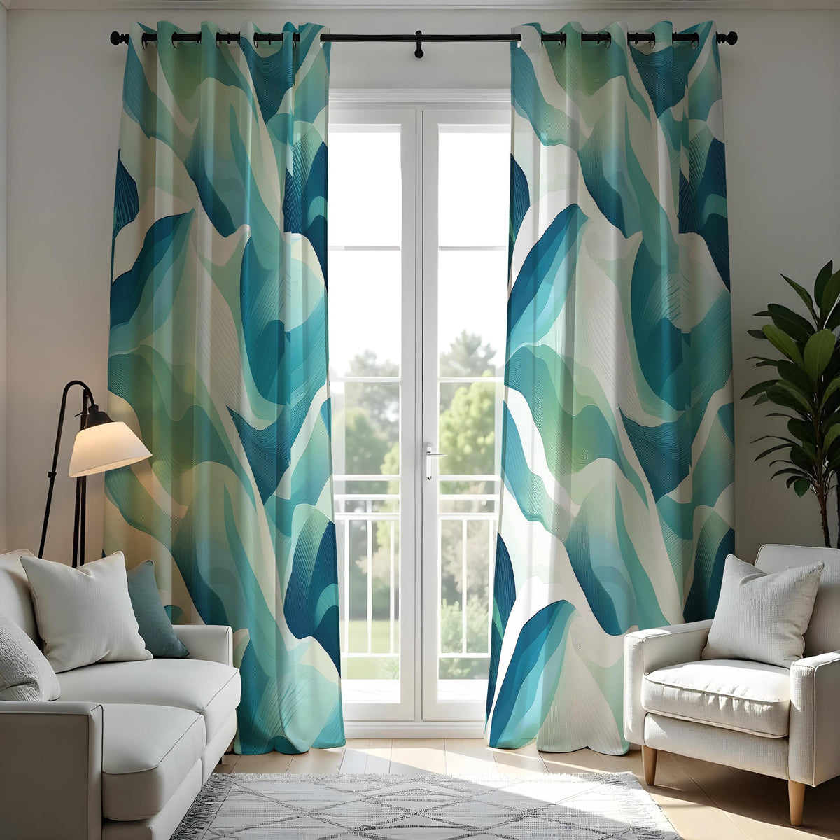 Teal Aqua Art Deco Wave Curtains, Ocean Geometric Drapes
