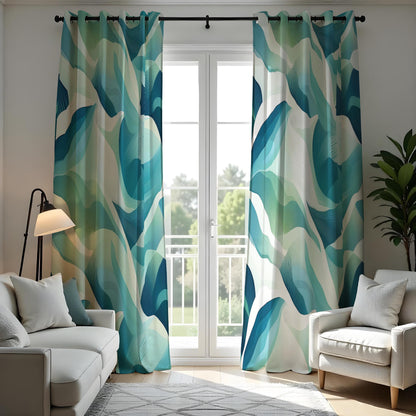 Teal Aqua Art Deco Wave Curtains, Ocean Geometric Drapes