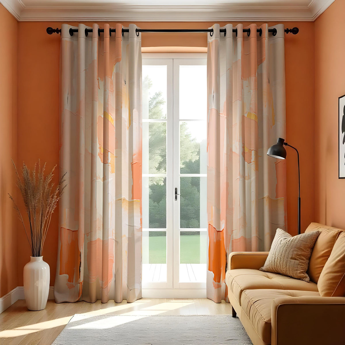 Orange Peach Terracotta Abstract Curtains, Modern Art Drapes