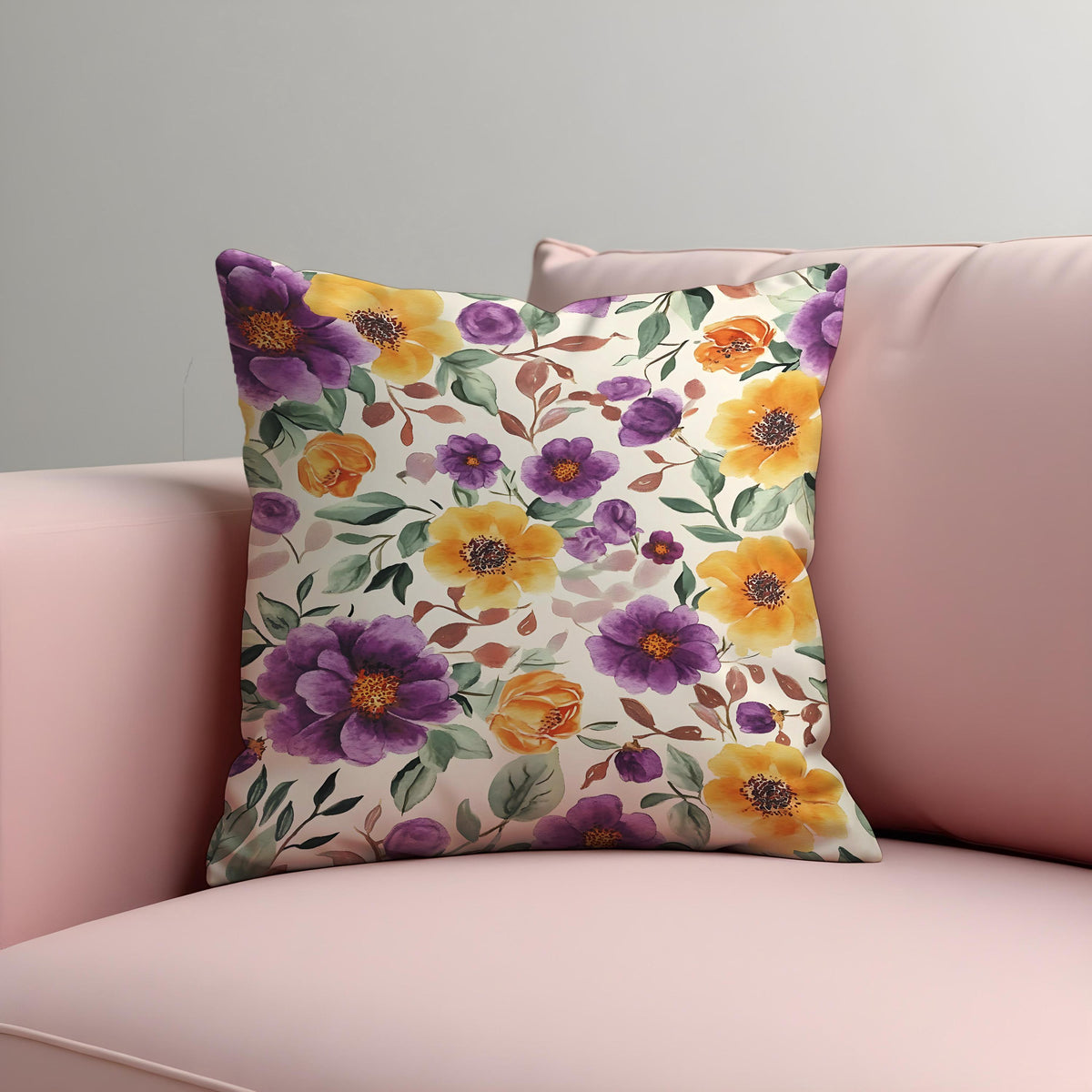 Purple Yellow Floral Cushion Cover, Watercolor Throw Pillow Case