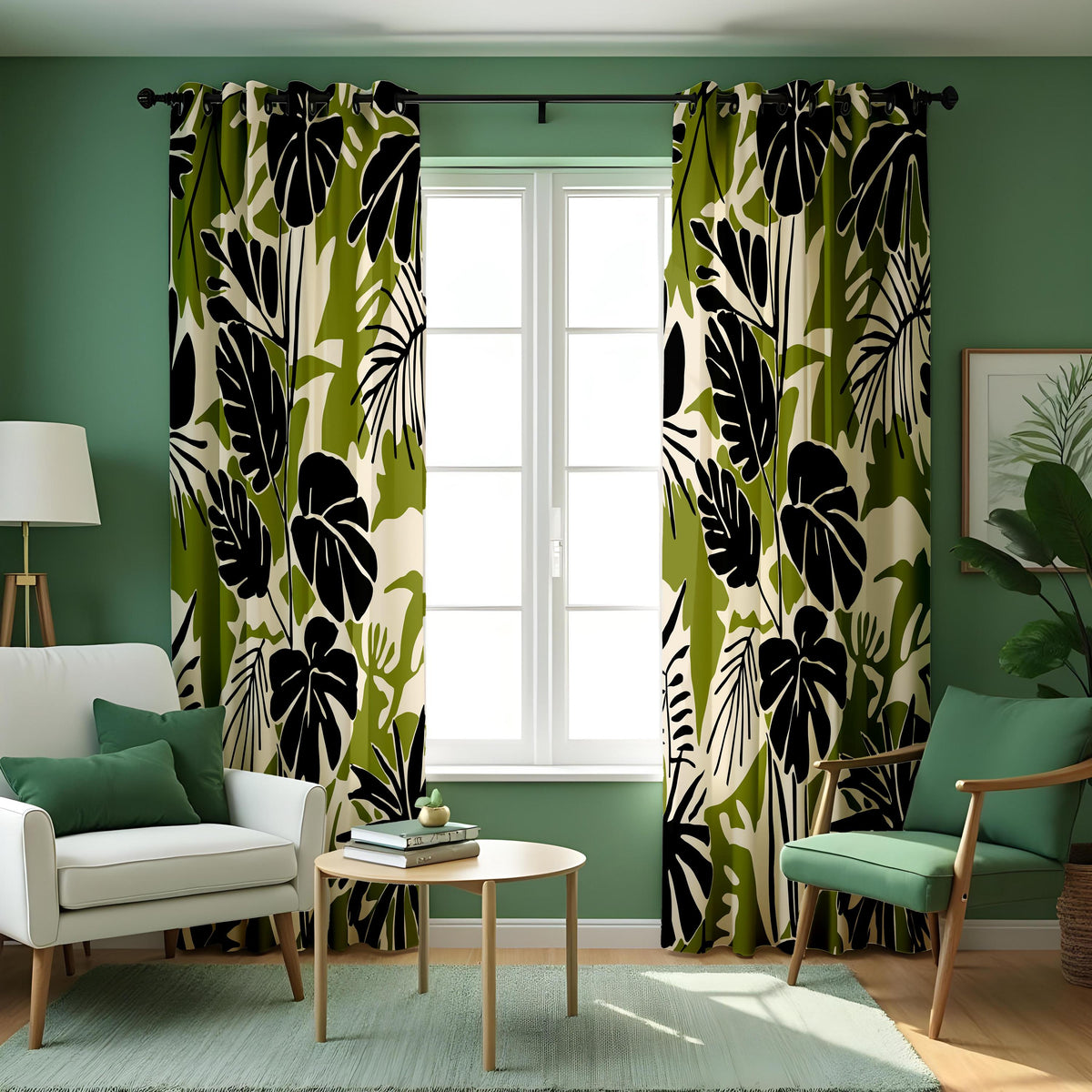 Green & Black Monstera Curtains, Tropical Leaf Print Drapes