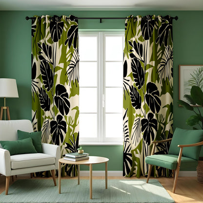 Green & Black Monstera Curtains, Tropical Leaf Print Drapes