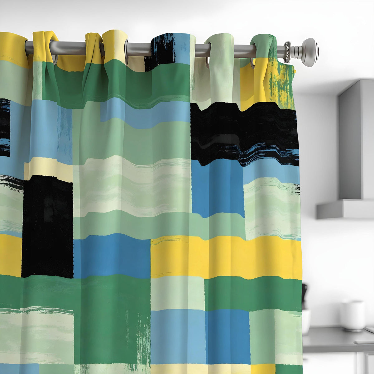Green Blue Yellow Geometric Curtains, Abstract Window Drapes