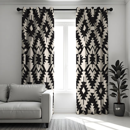 Black and White Aztec Curtains, Monochrome Geometric Drapes