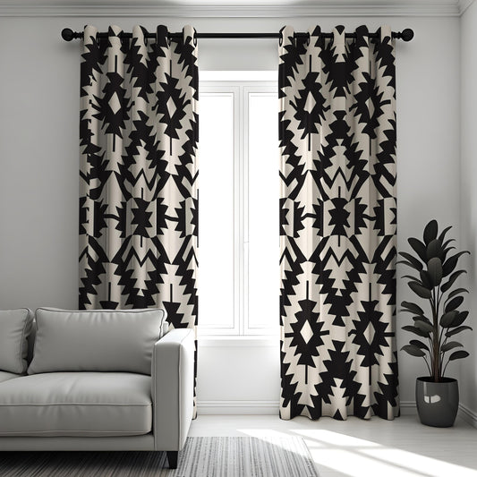 Black and White Aztec Curtains, Monochrome Geometric Drapes