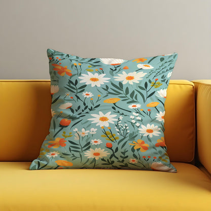 Daisy Floral Cushion Cover, Teal Wildflower Throw Pillow Cover