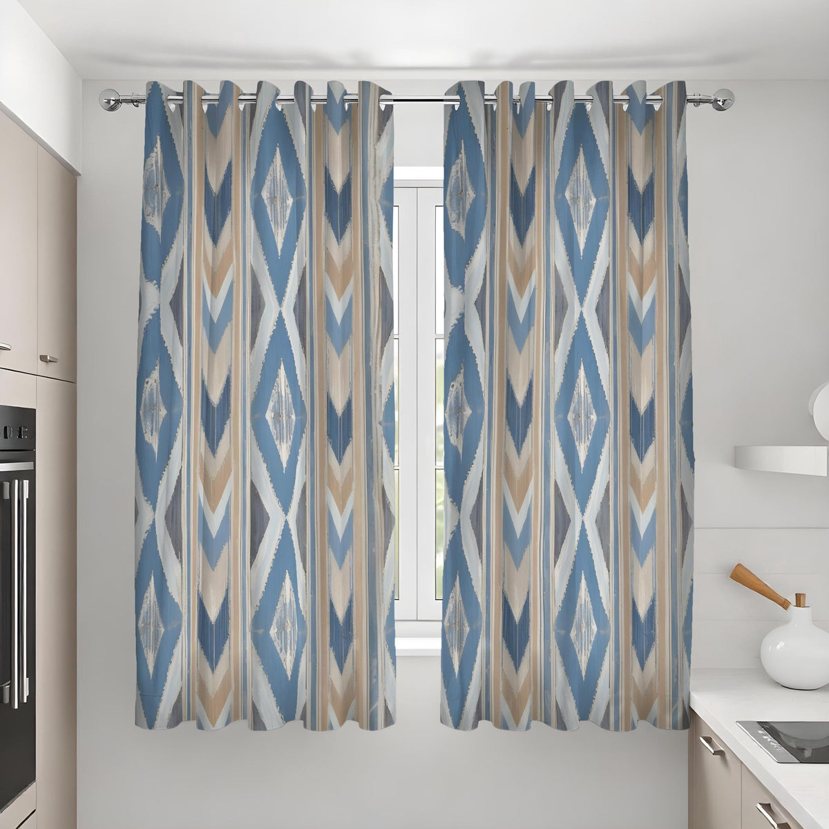 Blue Tan Ikat Curtains, Boho Geometric Custom Drapes