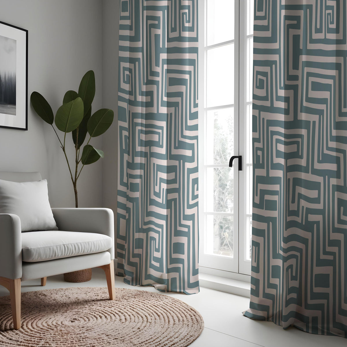 Teal Maze Geometric Curtains, Made to Measure Window Drapes