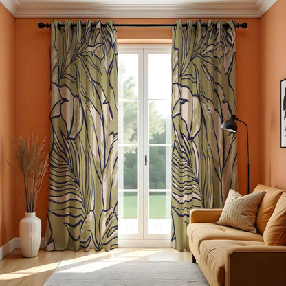 Large Leaf Line Art Curtains, Minimalist Botanical Drapes