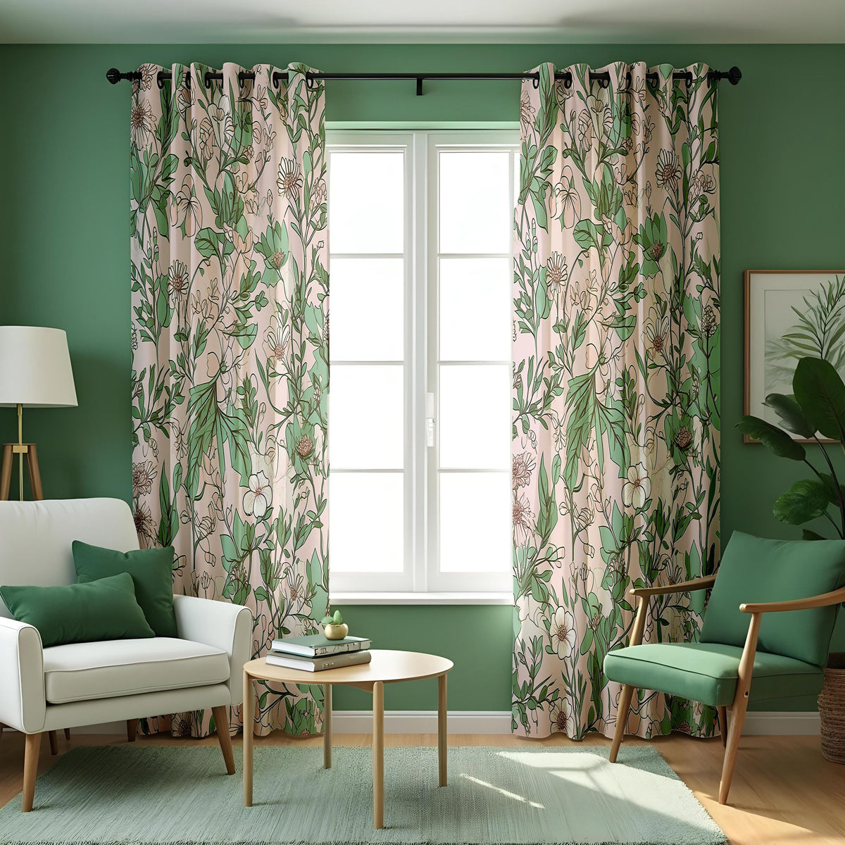 Green & Beige Botanical Line Art Curtains, Leaf Print Drapes