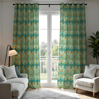 Teal & Orange Retro Leaf Curtains, Mid Century Drapes