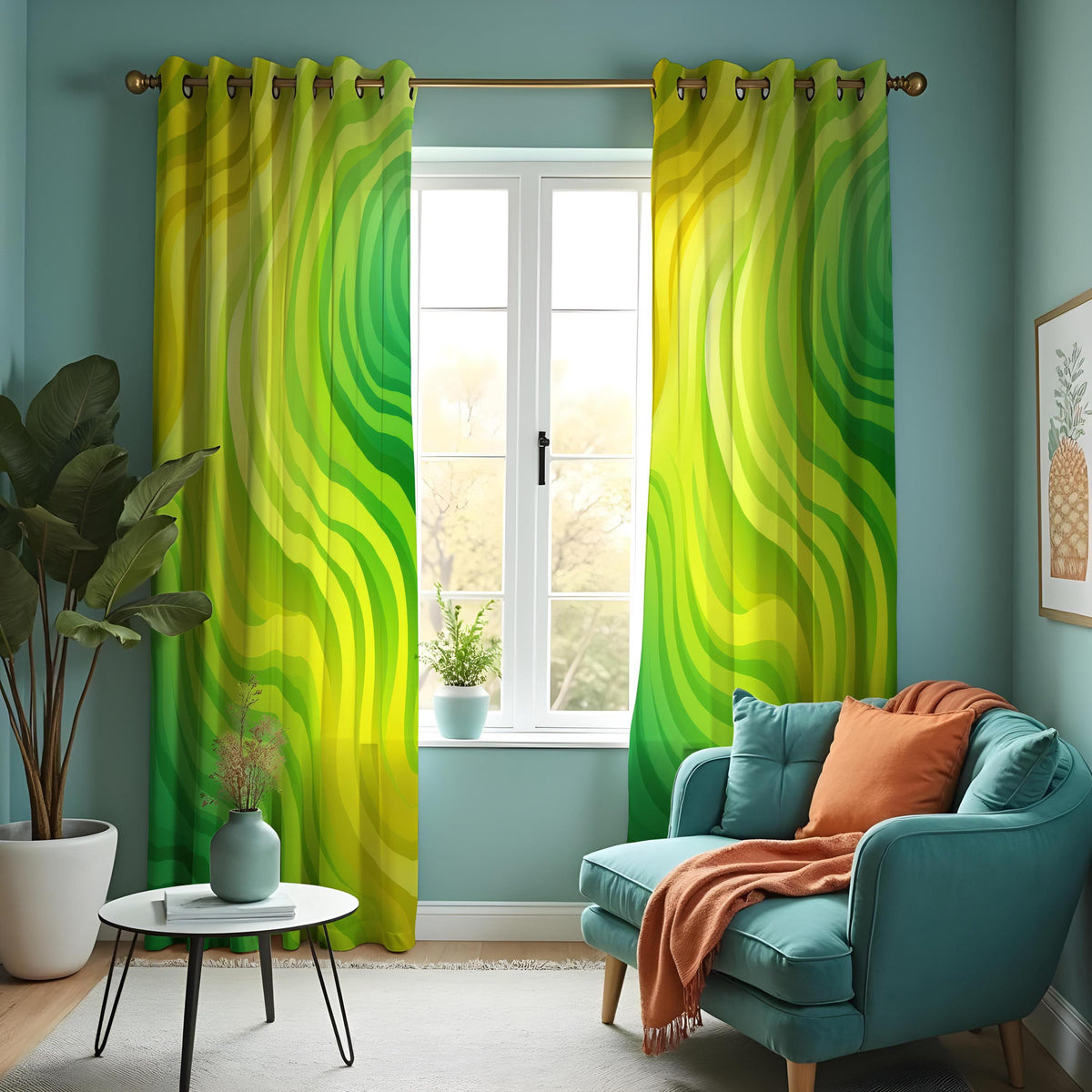 Green Yellow Wave Curtains, Modern Abstract Window Drapes