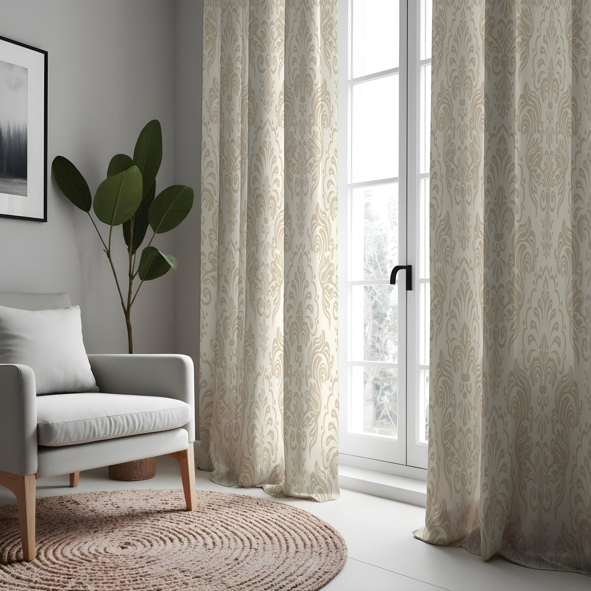 Beige Cream Damask Curtains, Classic Neutral Window Drapes