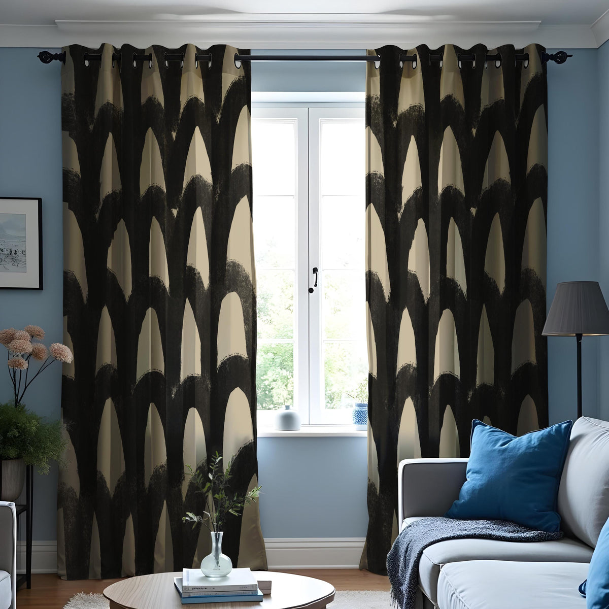 Black Beige Brushstroke Curtains, Abstract Geometric Drapes