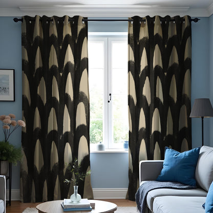 Black Beige Brushstroke Curtains, Abstract Geometric Drapes