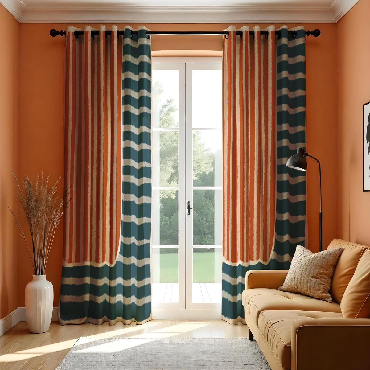 Rust Orange & Teal Stripe Curtains, Modern Boho Drapes