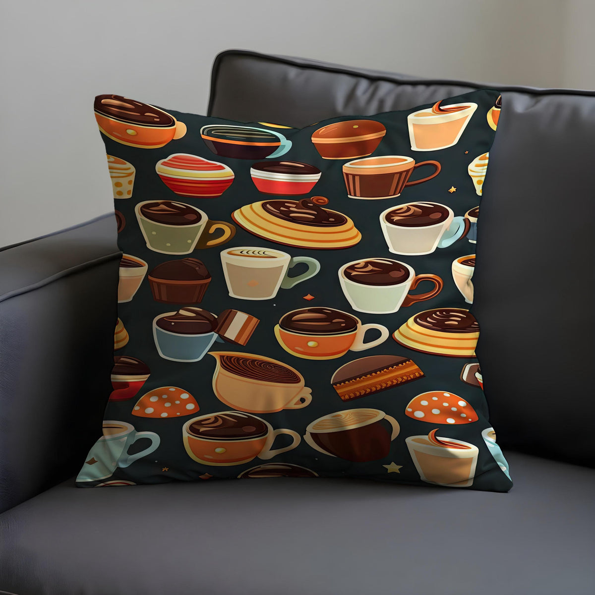Coffee Lovers Pillow Cover, Mug and Pastry Cushion Case