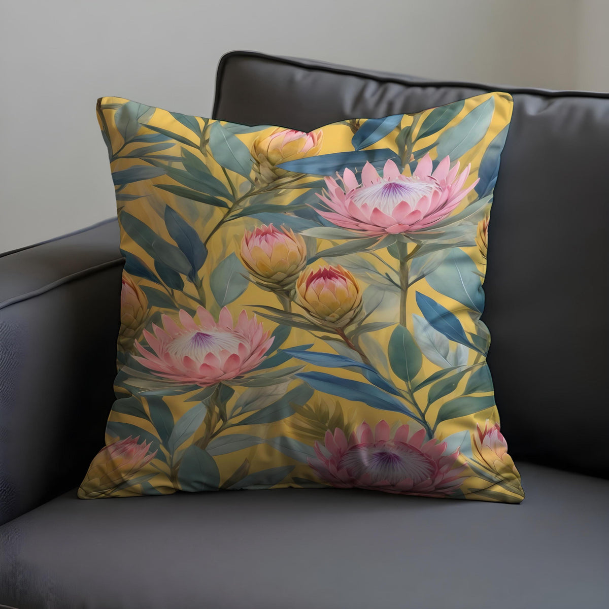 Yellow Floral Cushion Cover, Pink Protea Pillow Case