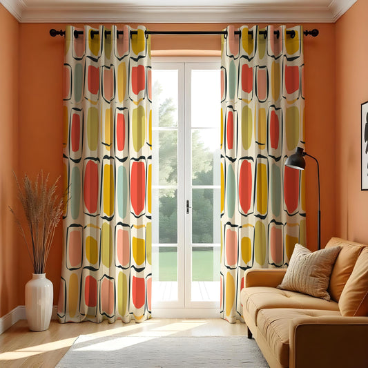 Colorful Retro Geometric Curtains, Mid Century Print Drapes