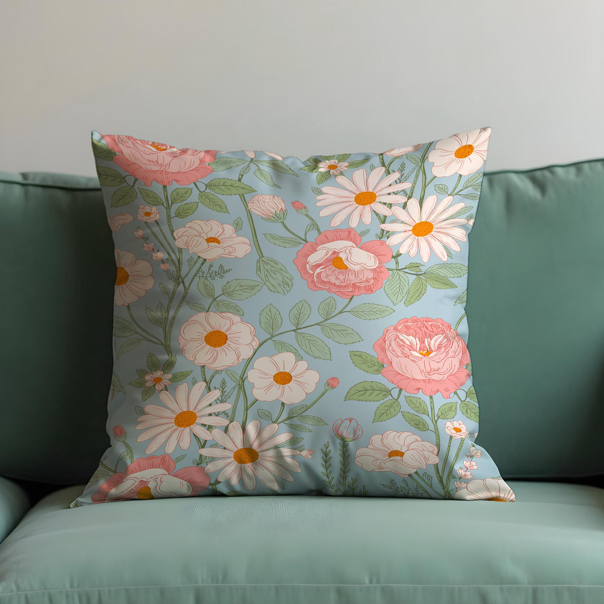 Blue Daisy Rose Cushion Cover, Floral Pillow Case