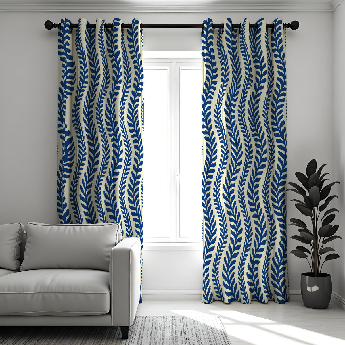 Navy & Cream Leaf Curtains, Nautical Coastal Wave Drapes