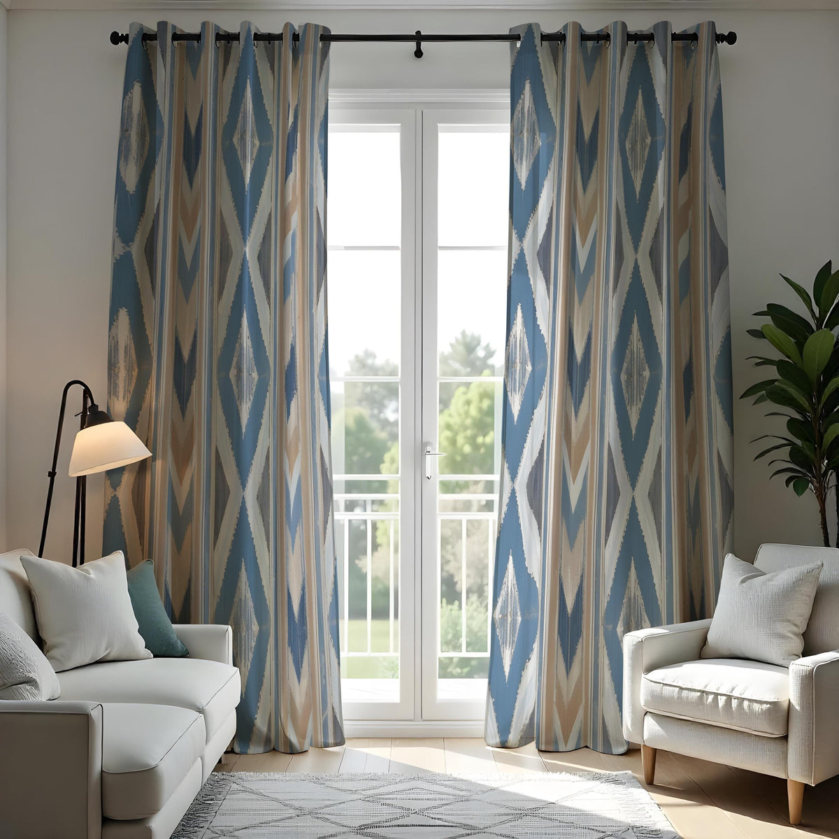 Blue Tan Ikat Curtains, Boho Geometric Custom Drapes