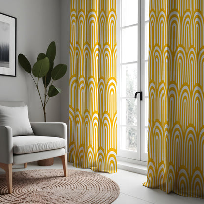 Mustard Yellow Retro Arch Curtains, Rainbow Geometric Drapes