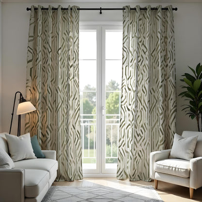 Beige & Green Geometric Curtains, Contemporary Drapes