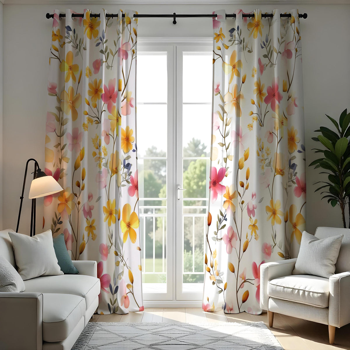 Yellow and Pink Floral Curtains, Watercolor Flower Drapes