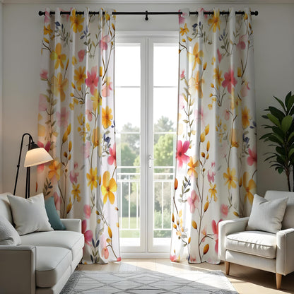 Yellow and Pink Floral Curtains, Watercolor Flower Drapes